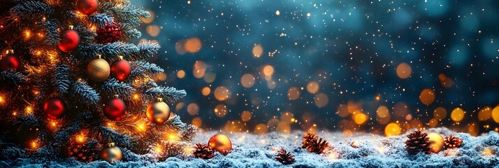 Poster - Festive Christmas winter scene with decorated fir tree,glowing bokeh lights,and snow-covered wooden background. Cozy and magical holiday atmosphere with shimmering ornaments,pine cones.