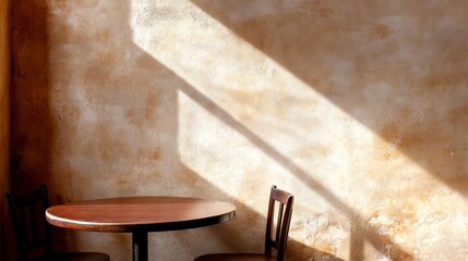  A corner of the room holds a table with two chairs, illuminated by light filtering through a window on the wall