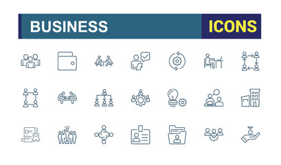  Set of Business and Consulting line icons. Containing office, team, presentation, sign, set, line and more. Minimalist thin linear icon. Editable stroke.