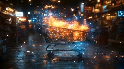 Poster - Fiery Shopping Cart Explosion in Dramatic Urban Night Scene with Chaos,Danger,and Consumerism Metaphor