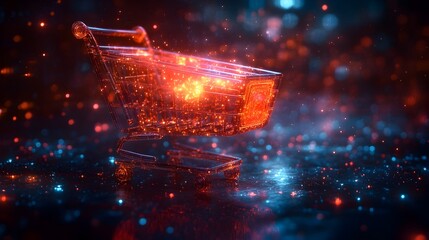 Poster - Futuristic and Fantastical Image of a Shiny,Glowing E-commerce Shopping Cart Emitting Sparks of Fiery Energy and Power.