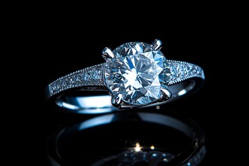 Elegant diamond engagement ring captured with intricate band design against a dark background, showcasing its brilliance and craftsmanship