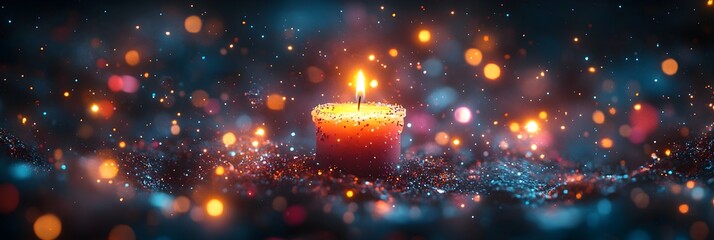 Leinwandbilder - Glowing candle flame surrounded by shimmering,sparkling,and twinkling festive bokeh lights creating a cozy,warm,and magical atmosphere. Elegant and romantic holiday or anniversary backdrop.