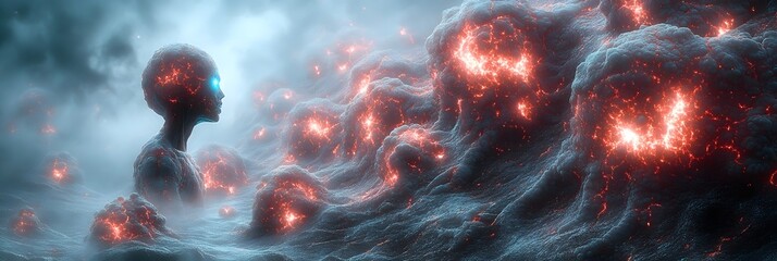 Aufkleber - Glowing celestial orbs amid a swirling storm of electric energy and cosmic particles in a futuristic,otherworldly sci-fi landscape. This digital artwork depicts a surreal.