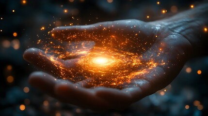 Poster - Glowing cosmic energy emanating from cupped hands,representing the power of creation,transformation,and the infinite potential of the universe. A surreal,luminous.