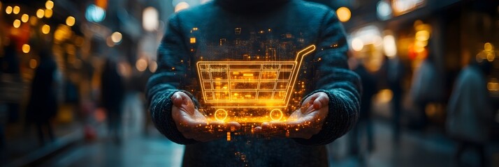 Poster - Glowing Digital Shopping Cart Held in Hands of Person at Busy City Night Market,Representing Modern Online Retail and E-commerce Technology in an Urban Lifestyle Setting.