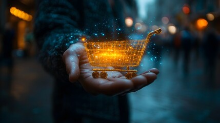 Poster - Glowing hand of a person holding a futuristic digital shopping cart or trolley filled with a glowing,luminous energy and sparkling lights,showcasing the concept of innovative e-commerce.