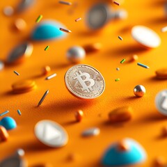 Floating cryptocurrency coins on a vibrant orange background