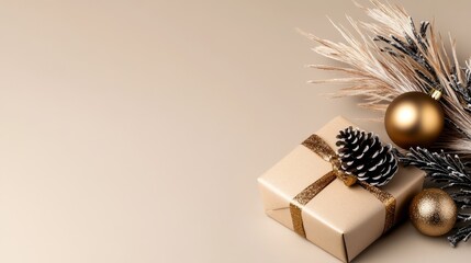 Wall Mural -  A gift box topped with a gold ribbon and a pine cone, accompanied by two separate pine cones