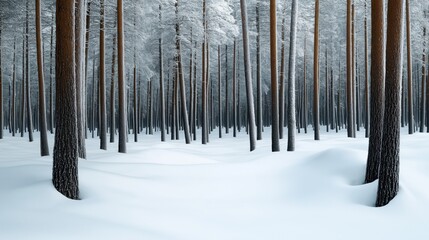 Wall Mural - Snow-covered forest with tall pine trees and a blanket of fresh white snow on the ground in a serene winter landscape.