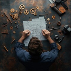 Blueprint and engineering tools scattered on a vintage wooden desktop  The image represents the concept of design innovation and technical solution development through planning sketching