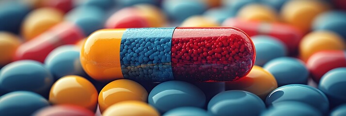 Poster - Innovative Colored Pill Capsule on Abstract Colorful Background Representing Medical Science Research and Development for Innovative Health,Wellness and Pharmaceutical Treatments