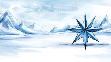 Star with snowflakes in the middle, surrounded by a snowy landscape Mountains visible in the background