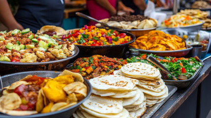 A table full of vibrant Latin American street food, including arepas, pupusas, and empanadas, ready to be enjoyed at a festival.