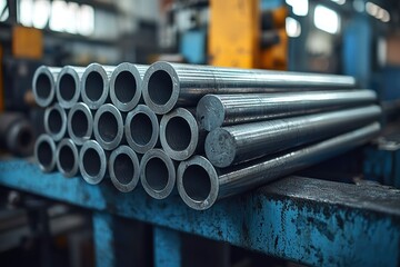 Stacked Metal Pipes in a Factory Setting