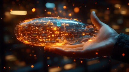 Poster - Mesmerizing Futuristic Holographic Sphere Radiating Luminous Digital Energy and Innovation. Glowing,Shimmering Orb Representing the Power of Science,Technology,and Connectivity in a Captivating.