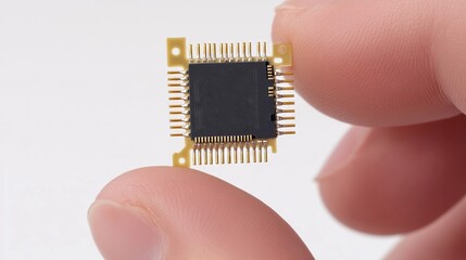 Poster - Technician holding microchip, examining electronic component on white background