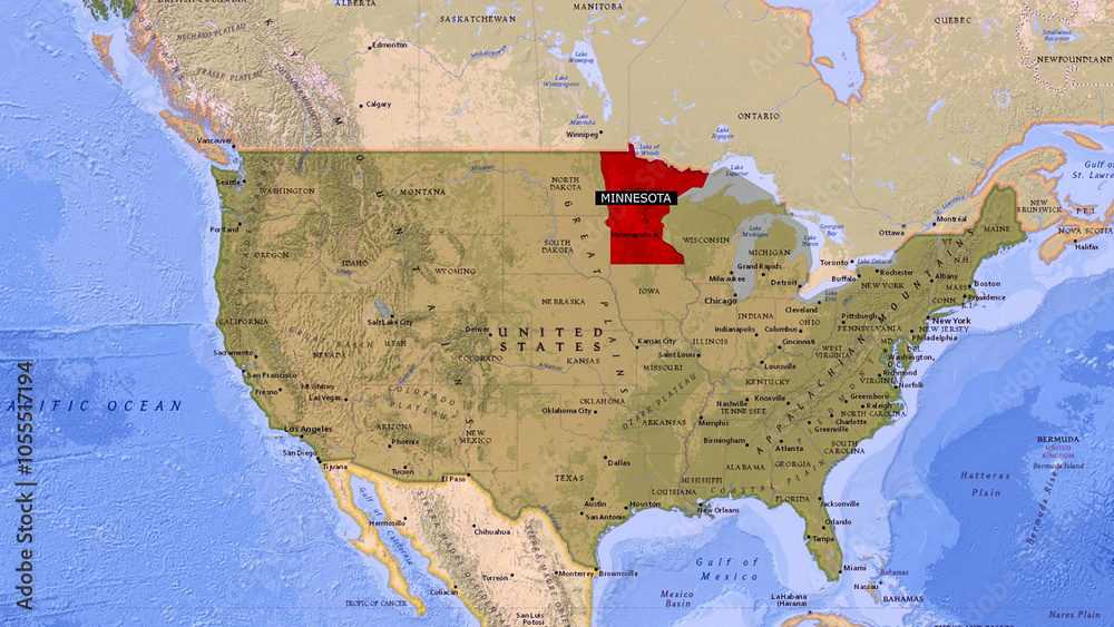 Detailed Map Highlighting Minnesota State in the United States Stock