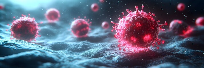 Aufkleber - Microscopic 3D Rendering or of Dangerous Red Virus Cells Causing a Global Pandemic Outbreak with Glowing Energy Particles and Abstract Space Background
