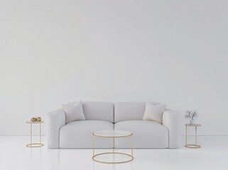 Minimalist living room interior with a white sofa. two side tables. and a coffee table in front of a blank wall