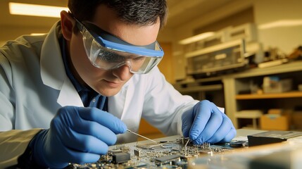 Poster - Scientist repairing motherboard in laboratory using tweezers