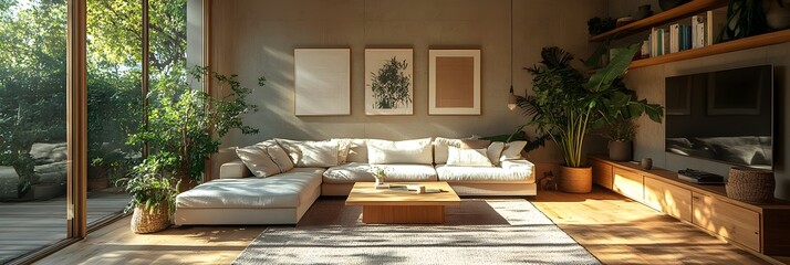 Fototapete - Minimalist and Scandinavian-inspired communication industry workspace showcasing sustainable and eco-friendly business solutions for modern,efficient,and collaborative work environments.