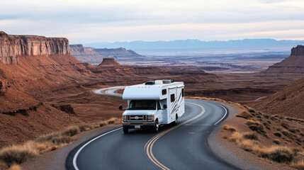 Wall Mural - Recreational vehicle driving on winding road through desert landscape with red rock formations and cloudy sky in the background