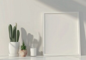 A white framed picture mockup with two cacti and a candle on a white marble surface against a white wall The sunlight shines through the window and casts shadows on the wall