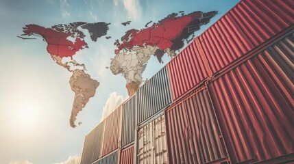 Poster - Digital world map with logistics routes and cargo containers, representing global freight and fast shipping.