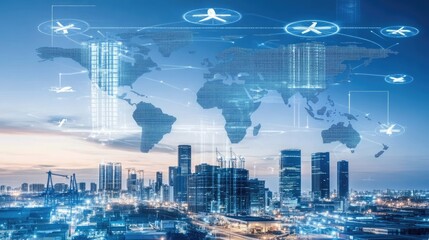 Poster - Digital world map with logistics routes and cargo containers, representing global freight and fast shipping.