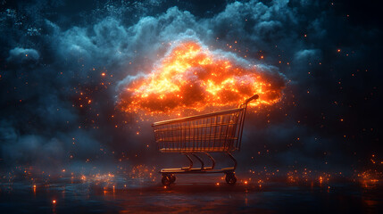 Poster - Raging inferno consuming a shopping cart in a cataclysmic explosion of chaos and destruction,symbolizing the potential for crisis,volatility.