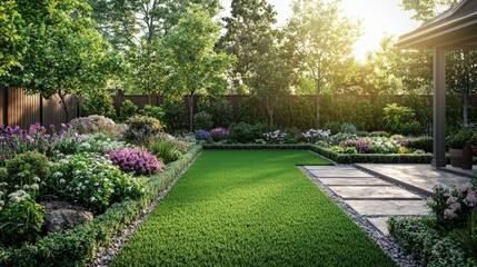 Bright and lush garden in the afternoon sunlight with blooming flowers and green grass