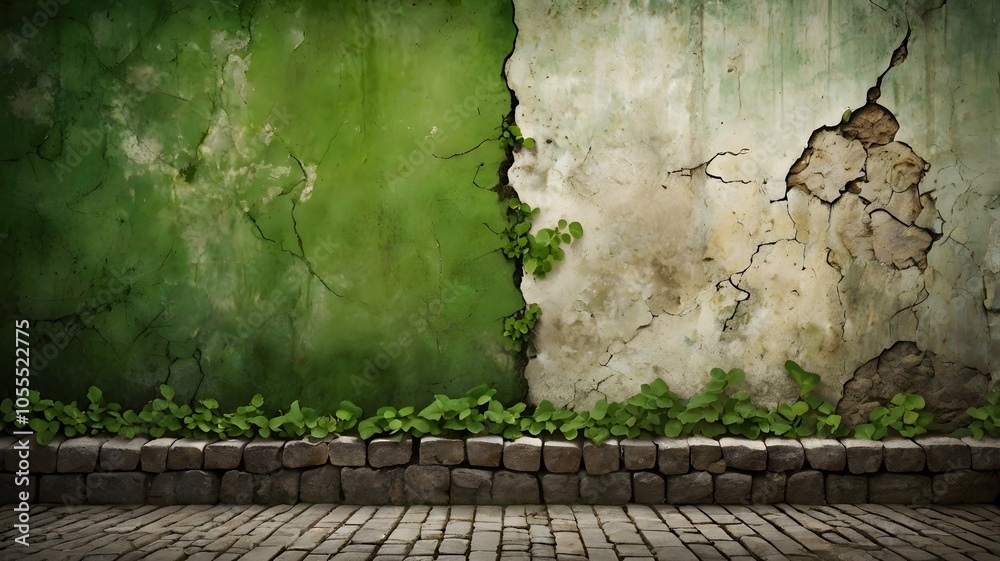 Rustic green plant cracked vintage concrete wall with brick background ...