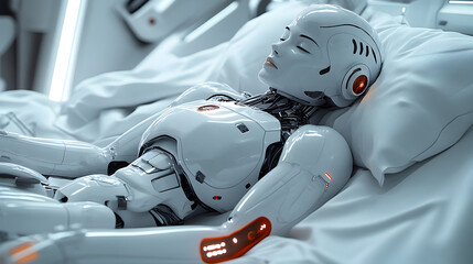 Aufkleber - Sleeping Robotic Humanoid with Mechanical Arms in Futuristic Digital Artwork - Innovative Cybernetic Concept Depicting Advanced Intelligence and the Future of Automation
