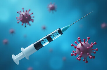 a syringe filled with pink liquid symbolizes the vaccine against the virus, the process of vaccination against coronavirus.