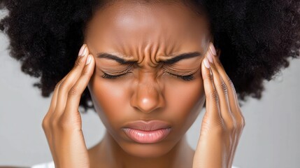 Woman experiencing stress and headache with pained expression, isolated background.