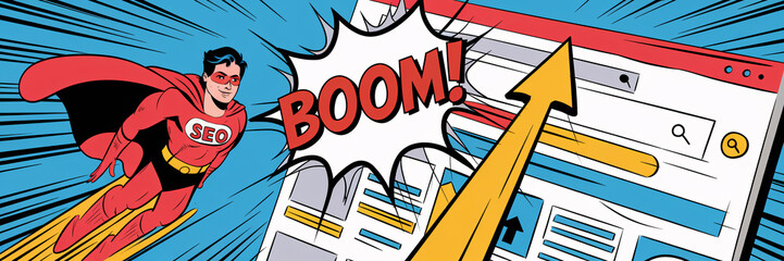 SEO Superhero Soaring Toward Search Engine Results Page with 