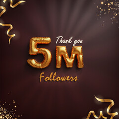 Thank you for 5 million or 5M followers congratulation card. 3d golden balloon & text celebration web banner with ribbon, gold particle