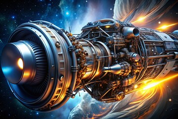 Poster - Sleek Futuristic Spacecraft Engine with Glowing Components for Sci-Fi Visuals and Technology Concepts