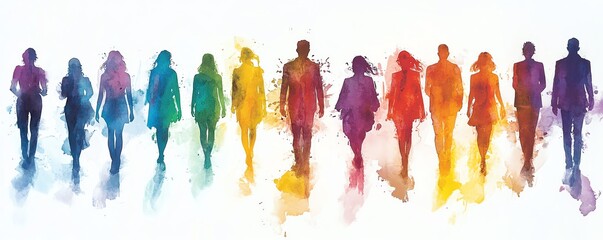 Poster - Dynamic and colorful silhouettes in watercolor style on a white background, symbolizing a diverse group of people, perfect for art focused on social themes