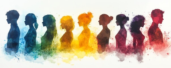 Poster - Dynamic and colorful silhouettes in watercolor style on a white background, symbolizing a diverse group of people, perfect for art focused on social themes
