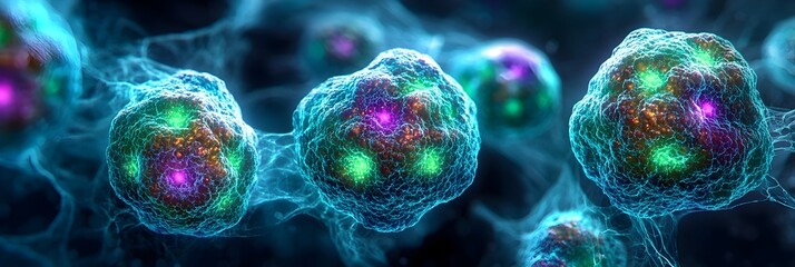 Poster - Vibrant microscopic view of glowing organic cells and molecular structures in a scientific laboratory environment.