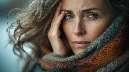 Woman with curly hair and scarf looks contemplative on a chilly winter day