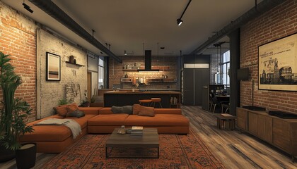 Wall Mural - Cozy industrial living room design with an open floor plan, exposed pipes, and a mix of modern and vintage furniture for a stylish retreat