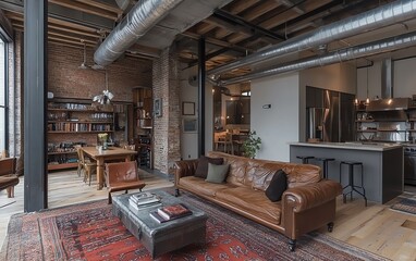 Wall Mural - Cozy industrial living room design with an open floor plan, exposed pipes, and a mix of modern and vintage furniture for a stylish retreat