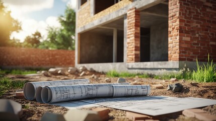 A house under construction with exposed bricks and blueprints lying on the ground, symbolizing the careful planning and execution of a building project.