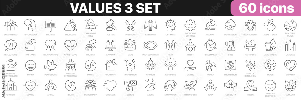Values 3 set line icons collection. Religion, charity, relationship ...