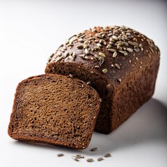 fresh healthy dark bread topped with seeds on a white background copyspace