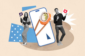 Composite creative art collage of two happy girl guy hold heart like bubble phone screen sushi roll delivery isolated on painted background