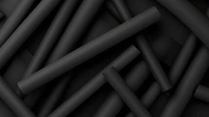 Poster - Abstract composition of dark cylindrical objects layered on a muted black surface in a minimalist style
